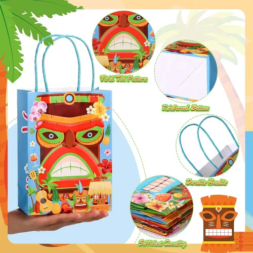 Vista 4 de 24 bolsas de regalo para fiesta Luau, bolsas de papel Aloha hawaianas, bolsas de regalo para fiesta Tiki, bolsas de regalo tropicales con asas