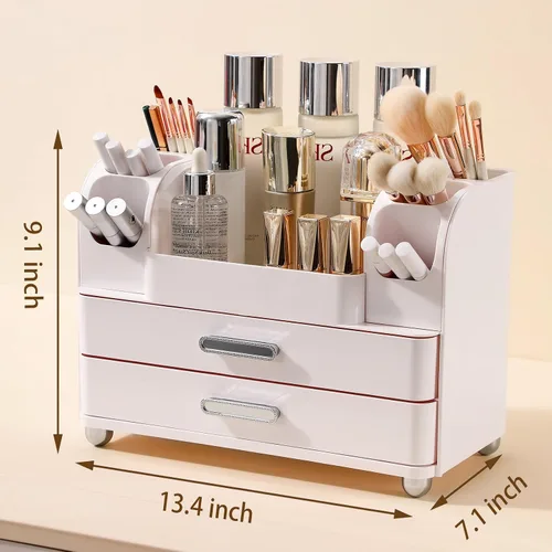 Vista 4 de Organizador de maquillaje Anyoifax para encimera con cajones grandes, organizador de tocador con soporte para brochas, almacenamiento