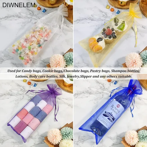 Vista 5 de DIWNELEM Paquete de 30 bolsas de organza para vino con cordón, bolsas de regalo para cumpleaños, bodas, baby shower, recuerdos de fiesta, Azul