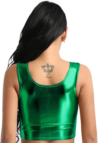 Vista 4 de iiniim Fashion - Camiseta sin mangas de cuero brillante metálico sin mangas con cuello redondo para mujer, chaleco de fiesta y club, Metálico