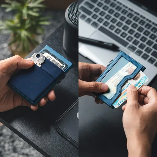 Vista 8 de VULKIT Billetera minimalista con ventana de identificación y bolsillo EDC con bolsillo desplegable para tarjetas de crédito y bloqueo RFID, diseño