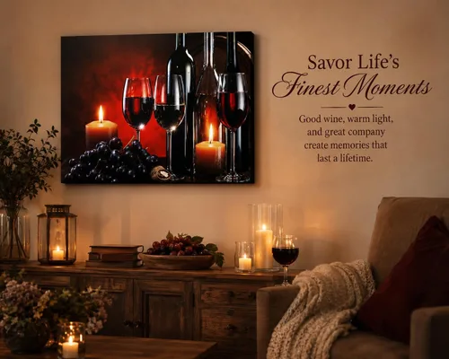 Vista 2 de Arte de pared LED de vino con luces, copas de vino tinto, velas y uvas, decoración de pared en lienzo iluminado, funciona con pilas, para colgar