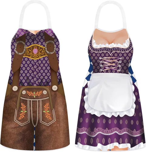Vista 10 de Hillban 2 delantales de Oktoberfest para mujeres y hombres, delantal alemán para disfraz de Oktoberfest para parejas, cocinar, barbacoa, regalos