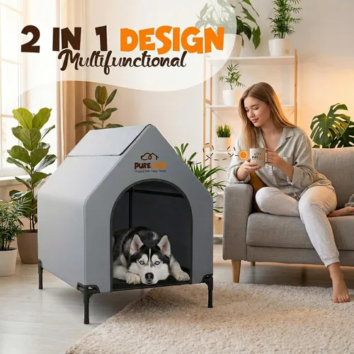 Vista 7 de Casa para perros al aire libre con toldo en el techo, cama elevada con ventanas de malla de 16.1 x 9.4 x 6.7 in/12.6 lbs - Refugio resistente a