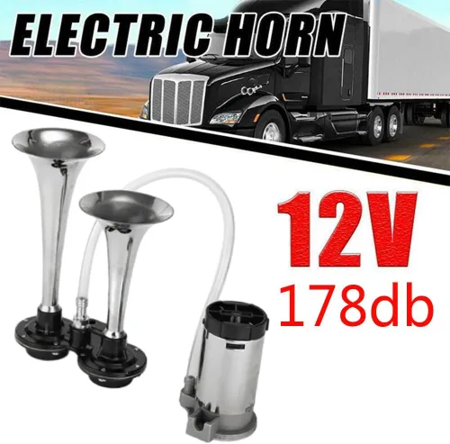 Vista 4 de 12V doble tubo Metal Car Horn Metal Car Trompeta 178DB Super ruidoso cuerno de aire para barco tren vehículo