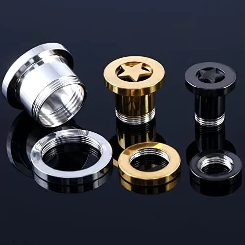 Vista 3 de Par de tapones de túneles de estrella, túneles de tornillo de acero inoxidable, dilatadores de orejas, dilatadores de piercing con anillo tórico