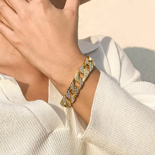 Vista 3 de DAILI 14K Gold Bracelets for Men, Cuban Link Bracelet Mens 8 inch Length CZ Hip Hop Bracelet Chain Bracelet Iced Out Cuban Stainless Steel Bracelet