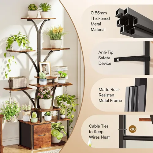 Vista 4 de Soporte para plantas de interior de 63 pulgadas con luces de crecimiento, estante de plantas de 10 niveles con cajón, soportes de esquina