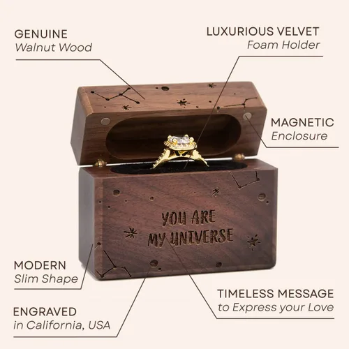 Vista 2 de MUUJEE You Are My Universe Engraved Wooden Ring Box, Slim Engagement Proposal Ring Holder, Wedding Ceremony Ring Bearer Box, Fiance Gift Ideas