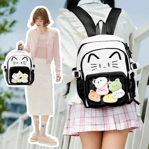 Vista 2 de Bolsa Kawaii Cat Ita, bolso con pines, bolsa con inserto, para uso diario y cosplay, nailon, Negro-blanco, Pequeño, Kawaii
