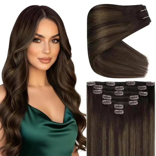 Vista 70 de Ve Sunny Extensiones de cabello clip-in de cabello humano real con reflejos, extensiones de cabello con clip para cabello corto, marrón oscuro