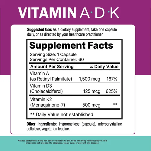 Vista 3 de NatureGenX ADK Suplemento vitamínico de 5000 UI – Vitaminas A, D3 y K2 de alta potencia para la salud ósea y absorción de calcio Suplemento