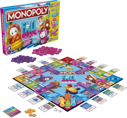 Vista 4 de Monopoly Fall Guys Ultimate Knockout Edition Juego de mesa para jugadores de 8 años en adelante, Dodge Interactive Obstáculos, incluye Troquel