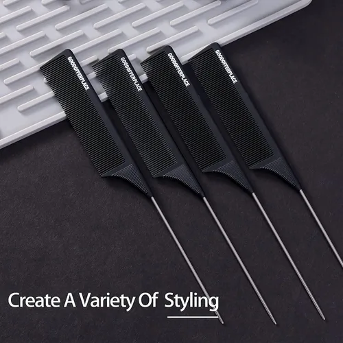 Vista 7 de 4 peines de cola de rata, peines de cola de rata, peine de dientes finos con púa de metal para cabello rizado, peines desenredantes para mujeres
