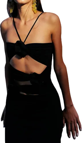 Vista 5 de Vestido halter de flores 3D para mujer, sin mangas, sin espalda, recortado, bodycon, vestido largo de tubo con roseta, floral, vestido de fiesta