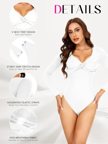 Vista 3 de Body para mujer, cuello en V, nudo frontal, manga larga, sexy, con cierre a presión, colección Moon