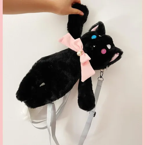 Vista 3 de Liokoon Mochila de felpa de gato negro bolsa de peluche con diseño de animales de peluche lindo regalo de peluche para adultos y mujeres Negro