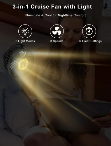 Vista 4 de Ventilador magnético aprobado para cruceros, ventilador de viaje con batería de 12000 mAh con 5 velocidades, linterna LED, temporizador, se pega