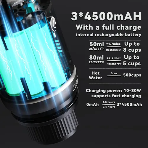 Vista 3 de Máquina de café espresso portátil CERA+ con autocalentamiento, hasta 8 tazas por carga y 20 bares, 3 * 4500mAh, CERApresso funciona con cápsulas NS