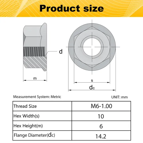 Vista 2 de Paquete de 55 tuercas hexagonales de brida dentada M6, tuercas de brida hexagonales M6-1mm, acero inoxidable 304, sujetadores de tuercas métricas