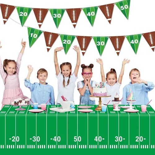 Vista 5 de Qyeahkj Suministros para fiestas de fútbol, juego de mantel de rugby, juego de pancartas para mesa de campo de fútbol, incluye banderín de papel