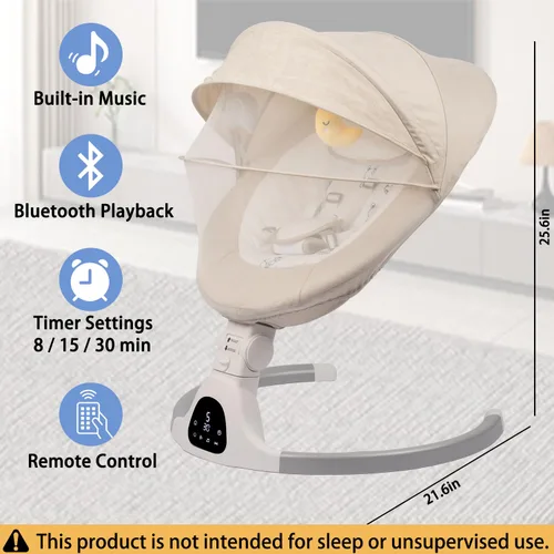 Vista 4 de Columpio eléctrico para bebés, columpio ajustable de 5 velocidades con música Bluetooth, temporizador, arnés de 5 puntos y base estable para uso