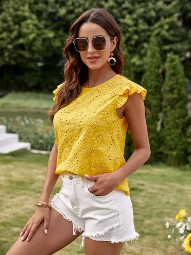 Vista 3 de Romwe Blusa de algodón sin mangas con cuello de volantes bordados con botones para mujer