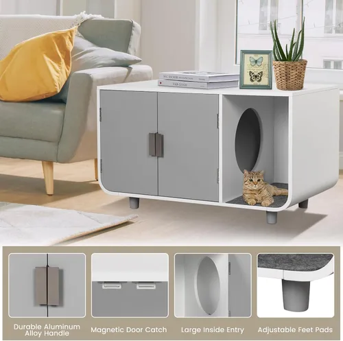 Vista 6 de Tangkula Mueble de caja de arena para gatos, baño oculto para gatos con patas y tapetes de madera de goma, casa interior para gatos