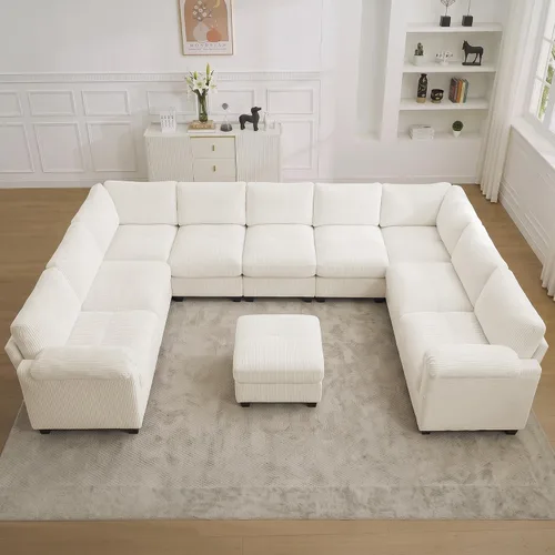 Vista 51 de Sofá modular de 61 pulgadas con otomana, asiento extra profundo para sala de estar, sofá de asiento profundo de pana con almohadas para Beige