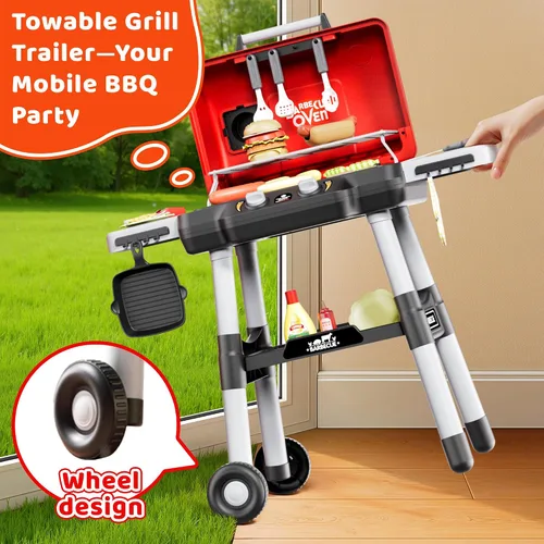 Vista 5 de Juguetes de cocina para niños, juego de parrilla BBQ para niños, juguete de barbacoa de 2 niveles con ruedas, sonido de humo y luz, juego