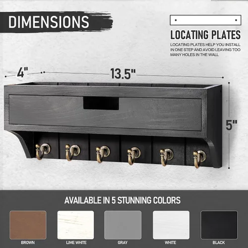 Vista 5 de Rebee Vision Organizador decorativo de llaves de madera de pino con montaje en pared y cajón – Organizador moderno de correo con 6 ganchos