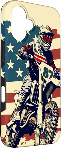 Vista 3 de Funda vintage para iPhone 16 Motocross Rider Dirt Bike con bandera estadounidense