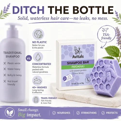 Vista 6 de Avital's Apiaries Barra de champú de pachulí para cabello seco y teñido sin sulfato sólido con proteína de quinua, pantenol y manteca de karité