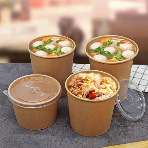 Vista 7 de Paquete de 100 recipientes de sopa de papel de 8 onzas con tapas, vasos desechables de papel kraft para alimentos, recipiente de sopa resistente