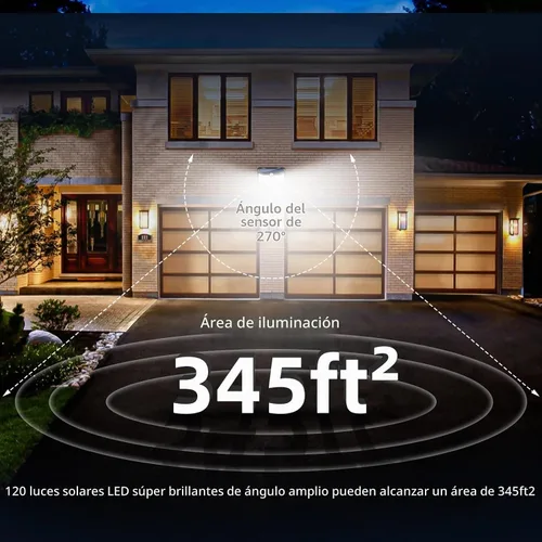 Vista 6 de HMCITY Luces solares para exteriores, 120 LED con 3 modos de iluminación, luces de pared con sensor de movimiento, IP65, impermeable, alimentadas
