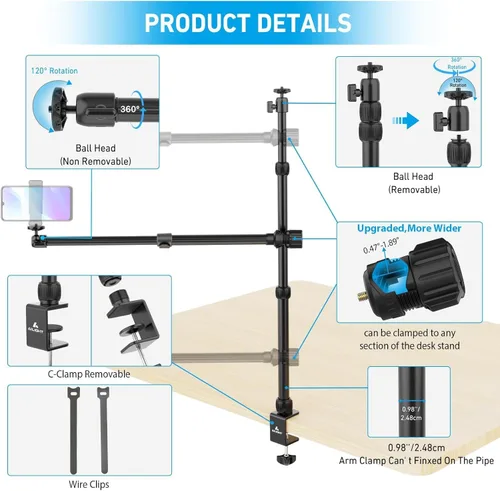 Vista 6 de Ailight Soporte de Montaje de Cámara Aérea para Escritorio, Soporte de Cámara Web de 15.75"-33.45" con Brazo Telescópico Ajustable de 2 Secciones
