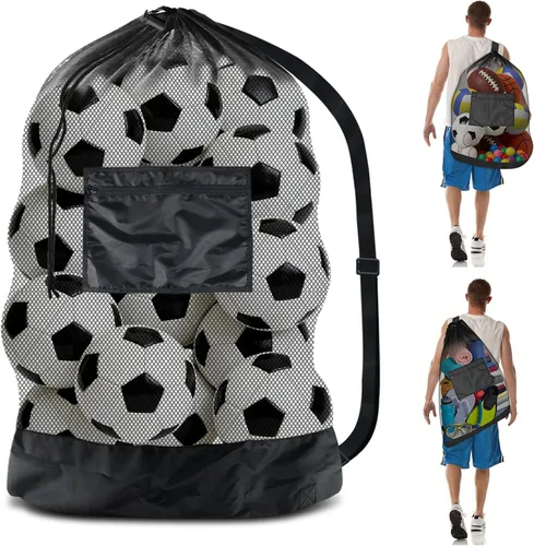 Vista 8 de BROTOU Bolsa de red para pelota de fútbol extragrande, bolsa de malla con cordón de 40 x 30 pulgadas con bolsillo con cremallera, bolsa