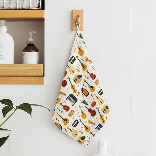 Vista 6 de Toallas de mano con estampado de instrumentos musicales retro para baño, cocina, bonitas toallas de cocina colgantes con lazo para colgar, toalla
