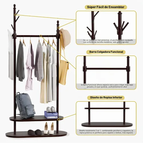 Vista 3 de Perchero de dos niveles independiente, fácil de montar, 8 ganchos, perchero de madera con almacenamiento para zapatos, árbol de abrigo resistente