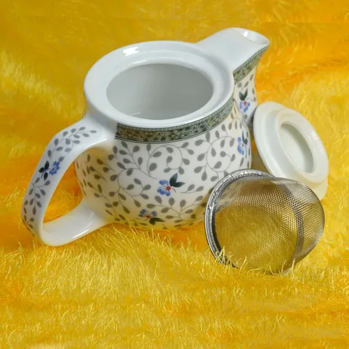 Vista 3 de Tetera de porcelana de 16.9 fl oz con infusor extraíble de acero inoxidable (flor)