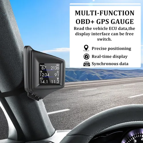 Vista 3 de Geloo Pantalla frontal HUD para automóvil, pantalla HUD OBD2 con OBDII GPS Dual System OBD2 Velocímetro Medidor 8 modos Multifunción Medidor