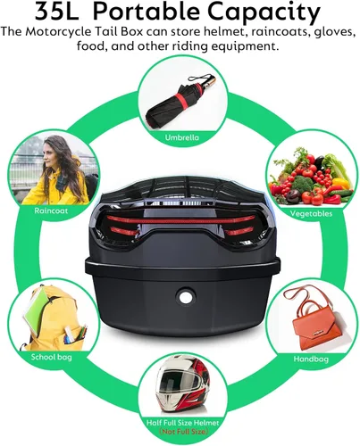 Vista 4 de 35L Motorcycle Top Case, Motorcycle Daily Tail Box Trunk Lockable Storage Carrier Plastic Case with Soft Backrest Universal Mounting for Helmet