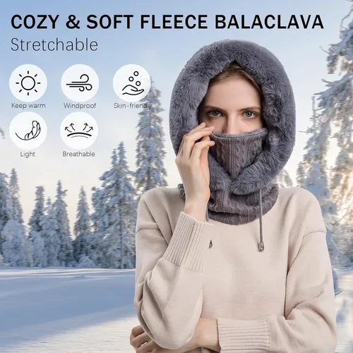 Vista 2 de Sombreros de invierno para mujer, de una pieza, con capucha, de piel sintética, cálida, pasamontañas, gorro de punto