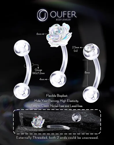 Vista 4 de OUFER 3 piezas de joyería para piercing de rook, piercings de plástico para cirugía, joyería de piercing de cejas transparente, anillos de ceja