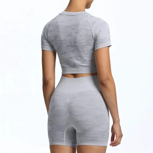 Vista 5 de Aoxjox Traje de yoga para mujer, sin costuras, 2 piezas, entrenamiento, gimnasio, adaptado, pantalones cortos de cintura alta con brasier deportivo