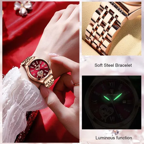 Vista 3 de RORIOS Reloj mecánico automático con correa de acero inoxidable, reloj luminoso de cuerda automática para mujer