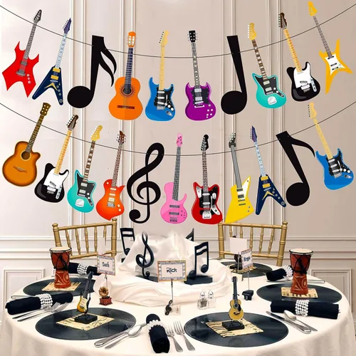Vista 6 de Cartel de guitarra con música, guitarra, fiesta, decoración de fiesta de cumpleaños, 2 unidades, pancartas de fiesta musical para guitarra de rock