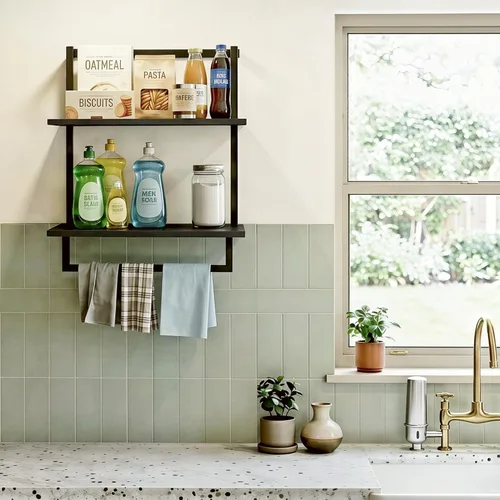 Vista 4 de Toallero montado en la pared para baño, soporte de almacenamiento de baño, estante de toalla de madera de acero de 3 niveles con barra, negro