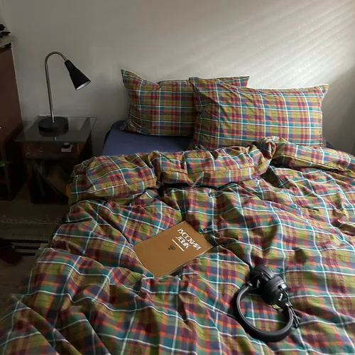 Vista 19 de MKXI Juego de funda de edredón a cuadros de tamaño individual, color verde bosque y amarillo mostaza, ropa de cama de 3 piezas de algodón lavado