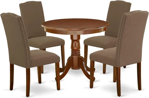 Vista 19 de East West Furniture ANEN3-LWH-06 - Juego de mesa de cocina de 3 piezas contiene una mesa de comedor redonda con pedestal y 2 sillas de comedor